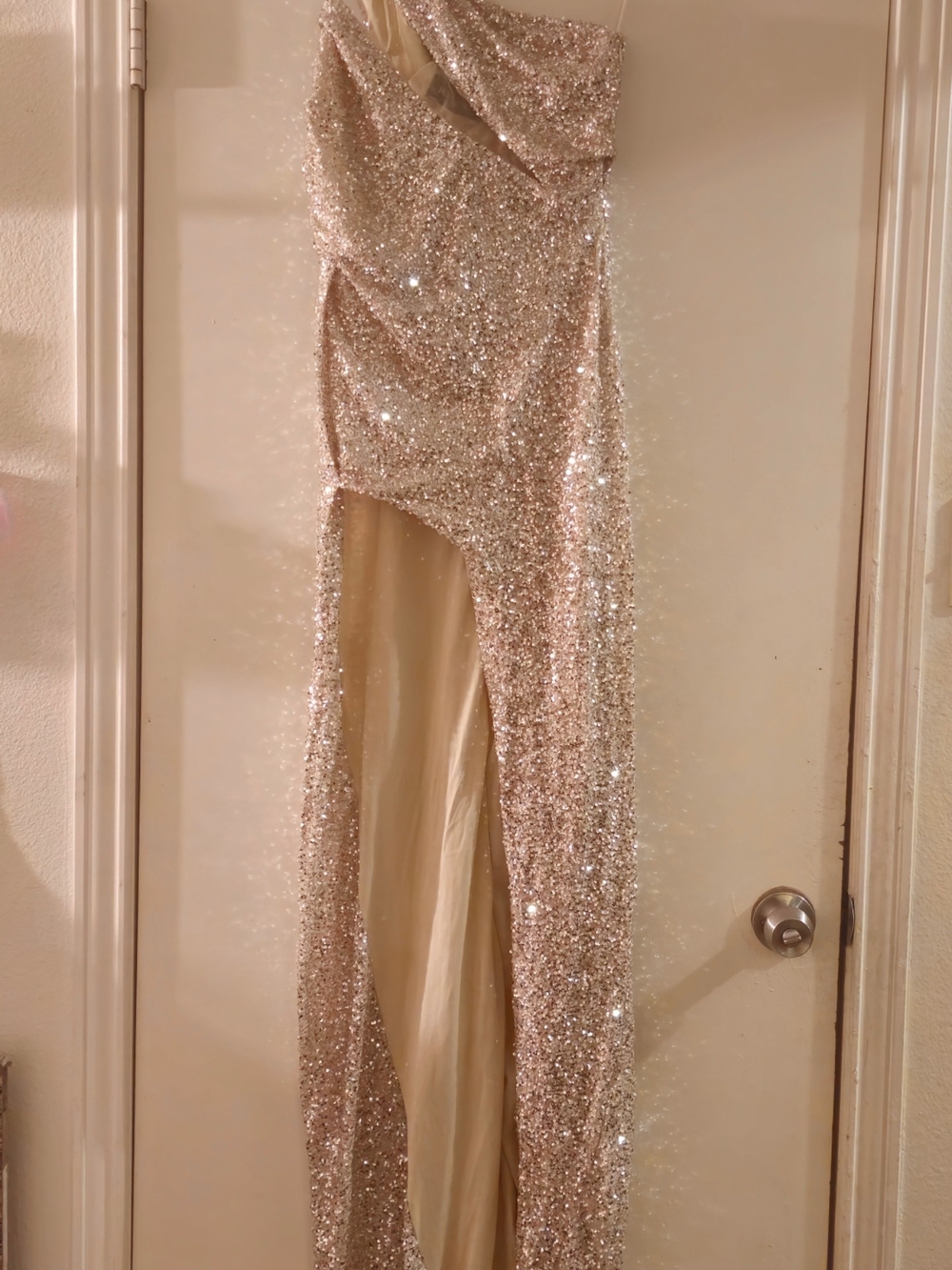 Sequin One-Shoulder Jumpsuit in Champagne/Silver